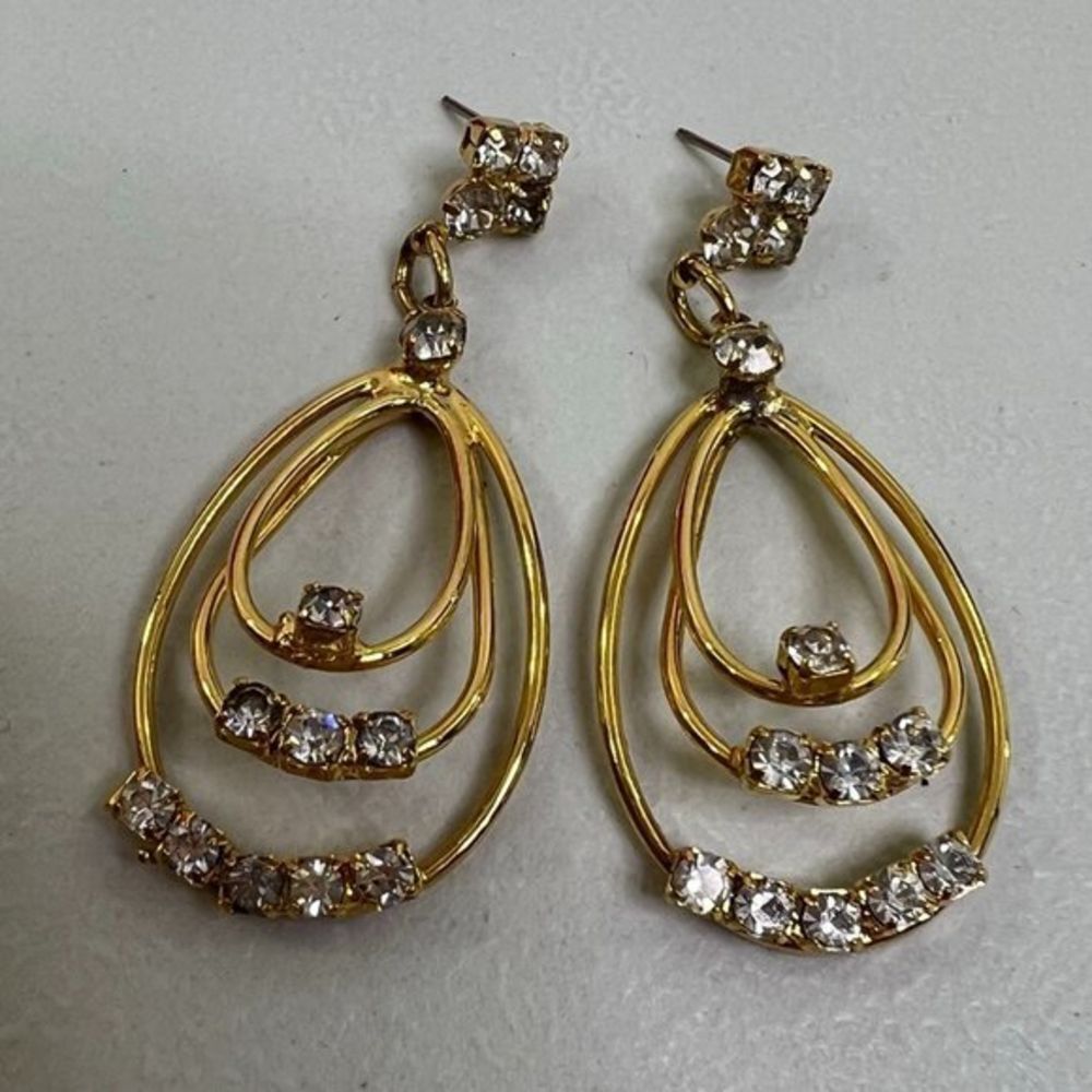 Rhinestone Earrings Long Drop Teardrop Gold Tone Dangle Layered Big  Used, see p